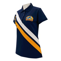 Tailor-made slim waist women's short-sleeved Polo design Hem side slits Embroidered badge logo Contrast color yellow and white strips 5 button design  P1348 Tailor-made slim waist women's short-sleeved Polo design Hem side slits Embroidered badge logo Contrast color yellow and white strips 5 button design  P1348